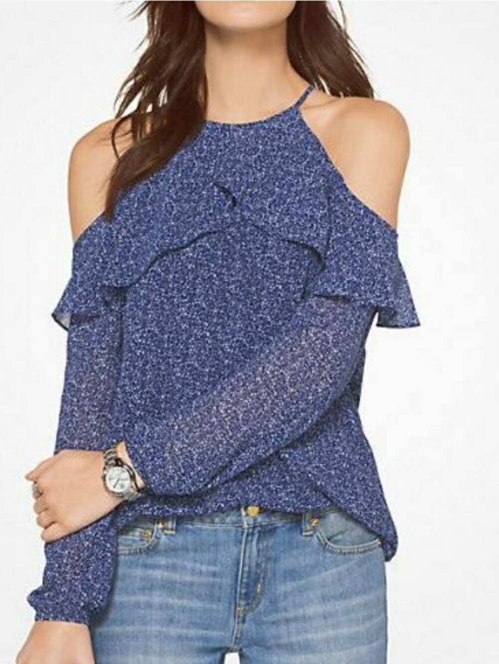 Michael Kors Dark Navy Dot Cold-Shoulder Halter Blouse